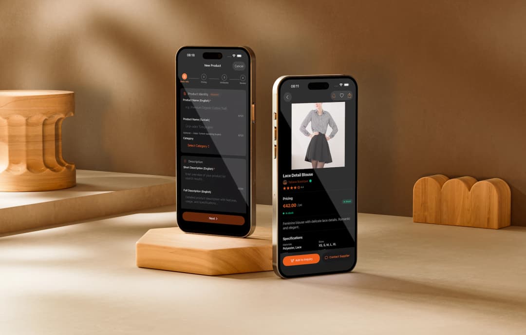 Sultana supplier app showing product management and product detail screens